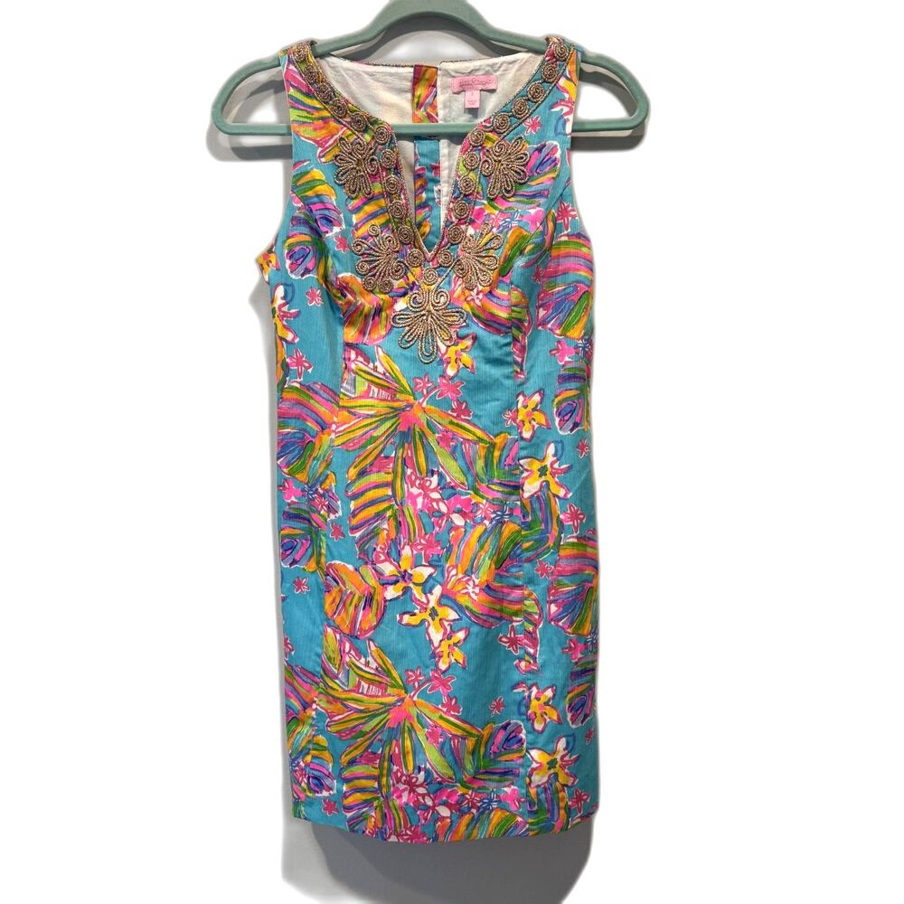 Lilly Pulitzer Gabby Shift Dress Floral Blue Cotton Resort Coastal Women sz 2